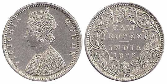 Victoria Empress, Silver, ½ Rupee, 1876, Bombay Mint. About Extremely Fine, Rare.