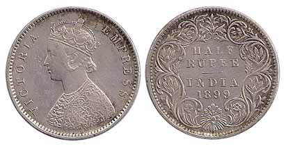 Victoria Empress, Silver, ½ Rupee, 1899, Obv A, Rev I, inverted B incused on rev, Bombay M