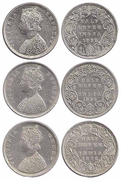 Victoria Empress, Silver (2), ½ Rupee, 1882, 1897. First Very Fine+, the second About Extr