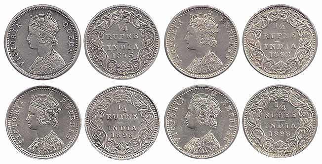 Victoria, Silver (14), ¼ Rupee, 1840, Continuous (2), 1862, 1874, 1875, 1876, 1877, 1882, 