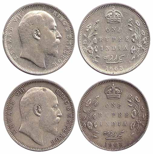 Edward VII, Silver (2), Rupee, B raised on rev (Prid 198). Fine+ to Very Fine+, Rare. 2 co