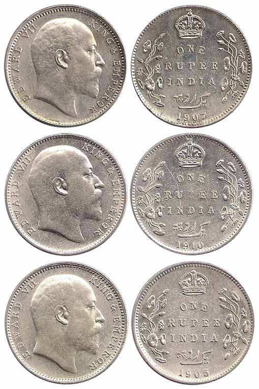 Edward VII, Silver (8), Rupee, 1903 to 1910 dates (Prid 189, 200, 201, 192, 203, 194, 205 