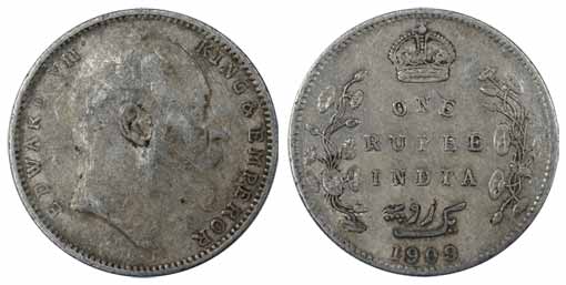Edward VII, Silver, Rupee, 1909, overdate type where the unit figure of 9 is re-engraved o