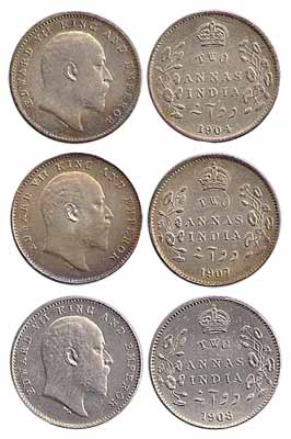 Edward VII, Silver (3), 2 Annas, 1904, 1907 and 1908, Calcutta Mint (Prid 557, 560, an d56