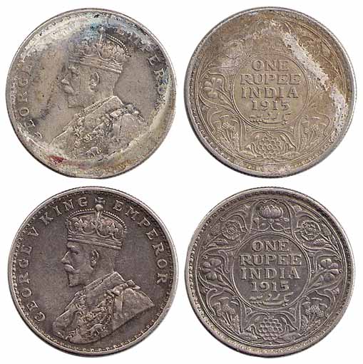 George V, Silver (2), Rupee, 1915, Bombay and Calcutta Mints. Fine to About Very Fine, Sca