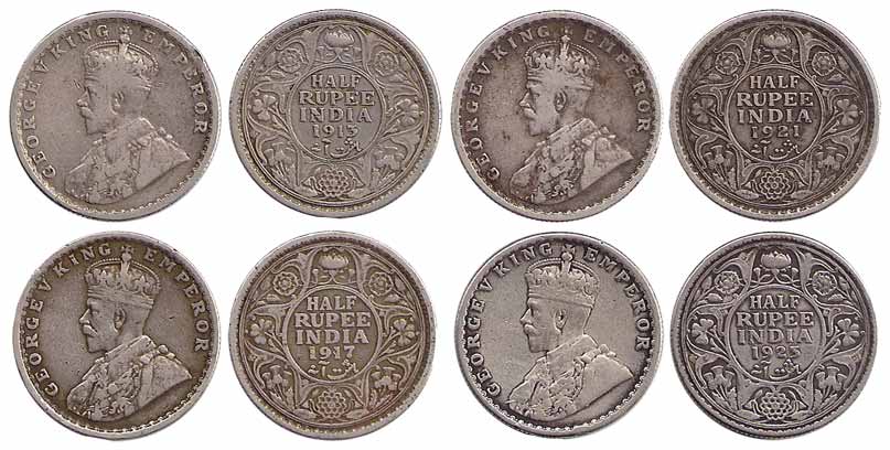 George V, Silver (19), ½ Rupee, 1913C, 1917B, 1921C, 1923B, 1924C-B, 1925B, 1926, C, BM, 1