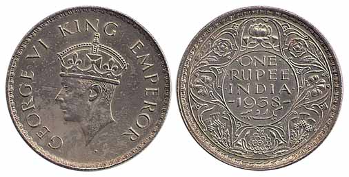 George VI, Silver, Rupee, 1938, rev without Dot, Obv Type Head II, Bombay Mint (Prid 233).