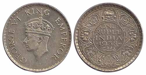 George VI, Silver, Rupee, 1938, rev with Dot, Obv Type Head II, Bombay Mint (Prid 234). Ve