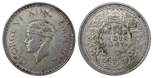 George VI, Silver, Rupee, 1943, Large Head type. Very Fine, Scarce.