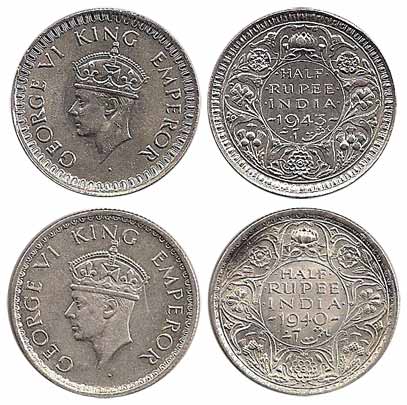 Silver (10), ½ Rupee George V, 1933, 1936; George VI, 1938 to 1945. Very Fine+ to UNC, Sca