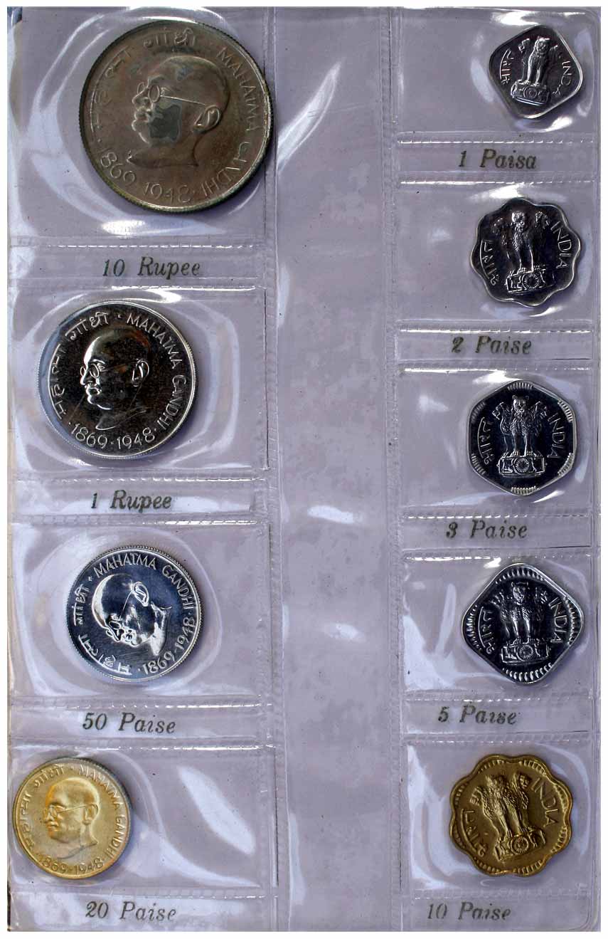 Proof Set, 1969, set of 9 coins, Bombay Mint, Mahatma Gandhi centenary 1869-1969 theme. Wi