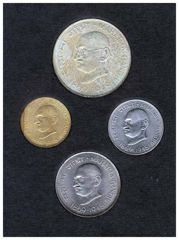 UNC Set, 1969, set of 4 coins, Bombay Mint, Mahatma Gandhi centenary 1869-1969 theme. With
