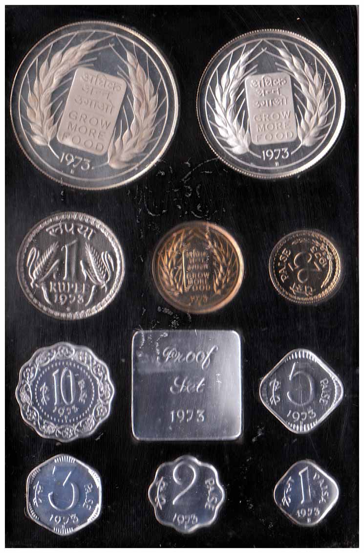 Proof Set, 1973, set of 10 coins, Bombay Mint, Grow More Food theme. With original packagi