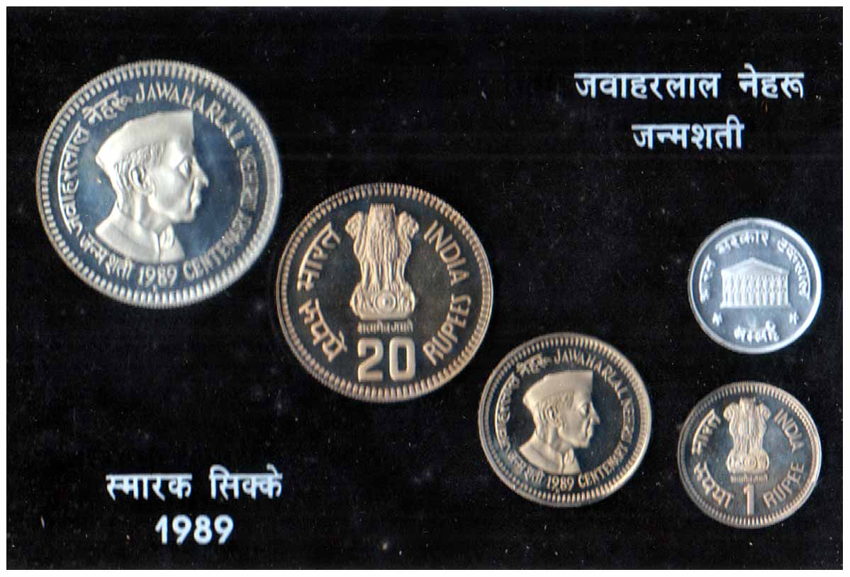 1989, Proof Set of Jawaharlal Nehru, Bombay Mint, Re. 1, Rs. 5, 20 and 100. In original bo