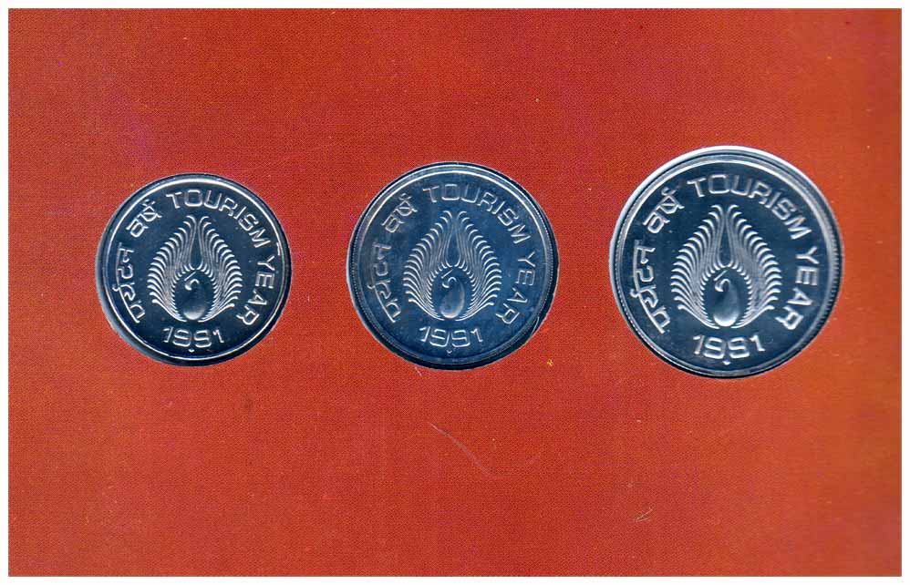 1991, Proof and UNC Sets, India Tourism Year, Bombay Mint, Set of 3 coins, Re. 1, Rs. 2 &a