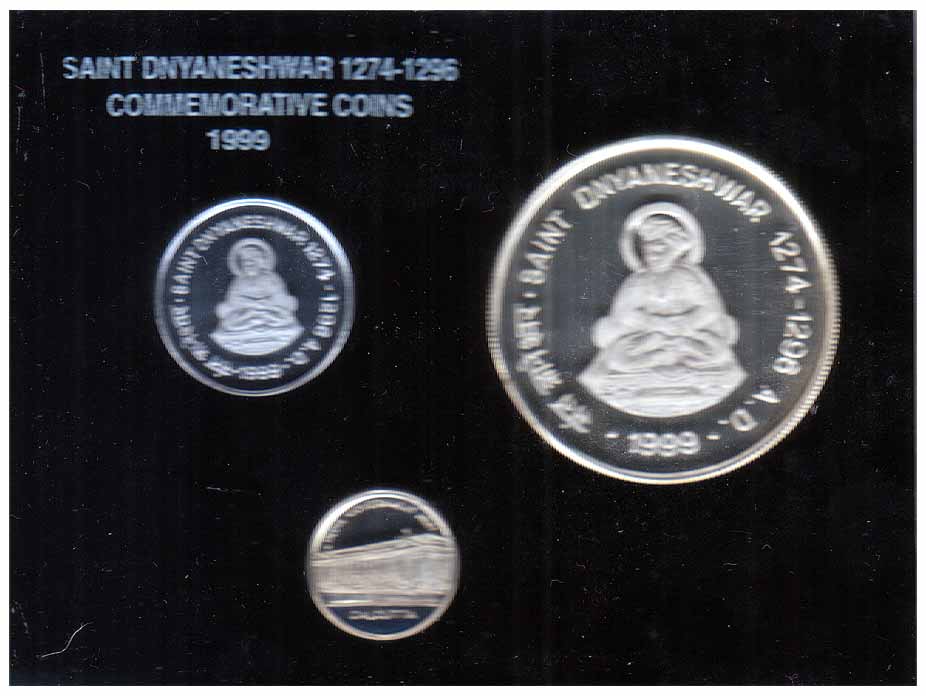 Saint Dnyaneshwar Proof Set, 1999, Calcutta Mint, set of 2 coins, Re. 1 and Rs. 100. In or