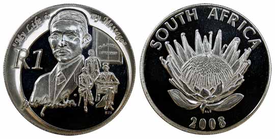 South Africa, Silver, 1 Rand, 2008, Protea Series featuring Mahatma Gandhi as a young man.