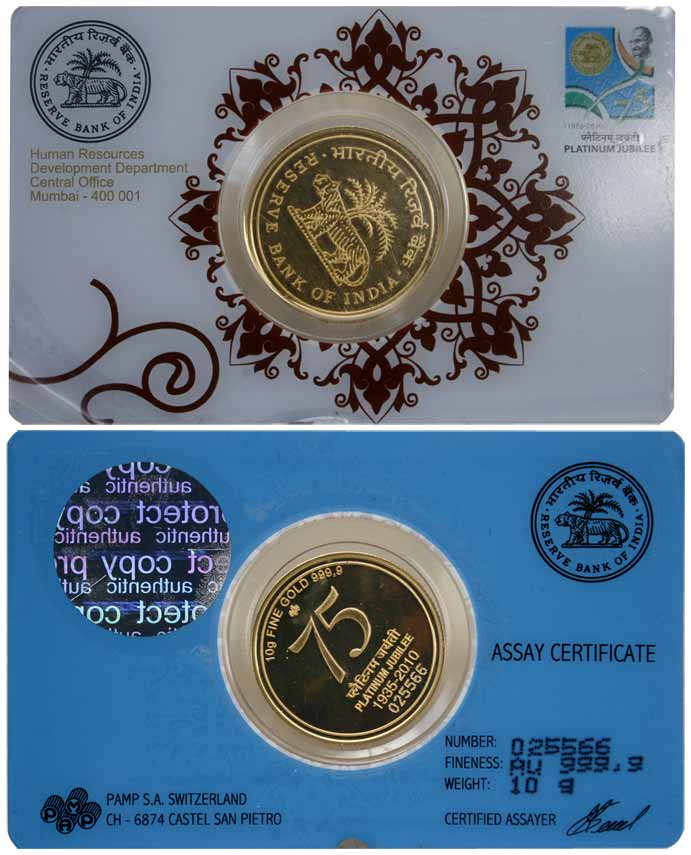 RBI Medallion, Gold, 999.9 Fine, 10 g, Platinum Jubilee Celebration Medal gifted to all th