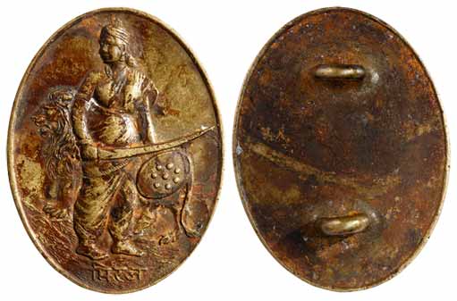 Miraj, Badge, modern, Bronze, a lady representing Mother India with a lion looking to left