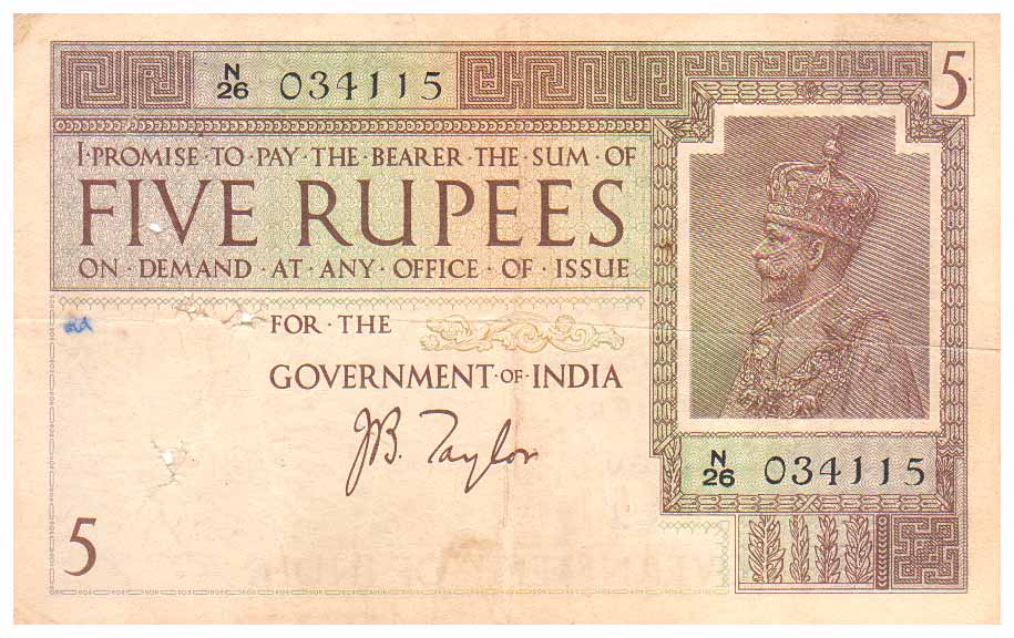 George V, Rs. 5, multi-colour, 1st issue, Sign J B Taylor, Prefix N (Jhun# 4.2). Minute st