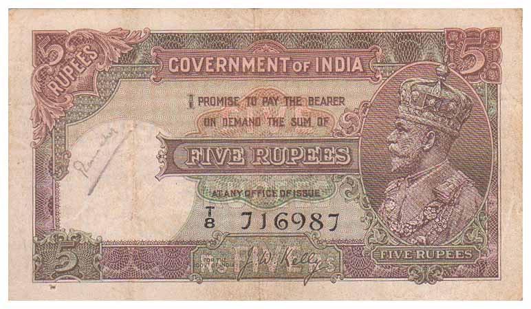 George V, Rs. 5, Small, 2nd issue, Sign J W Kelly, Prefix T (Jhun# 5.2). Graffiti in penci