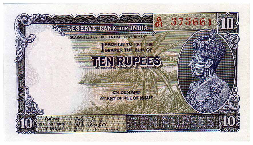 George VI, Rs. 10, 1st issue, Sign J B Taylor, Prefix G (Jhun# 5.a). Usual pin holes, UNC,