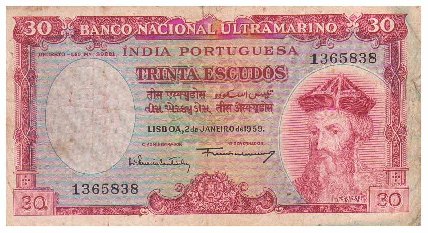 30 Escudos, 7th issue of 1959, Banco Nacional Ultramarino, half profile portrait of Dom Af