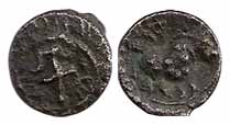 Vishnukundin, Copper, 1.70 g, a crude form of a conch shell on obv and a bull walking to r