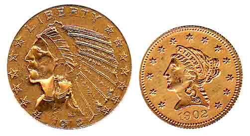 USA, Gold (2), 5 Dollars, 1912; and 2 ½ Dollars, 1902. About Extremely Rare. 2 coins