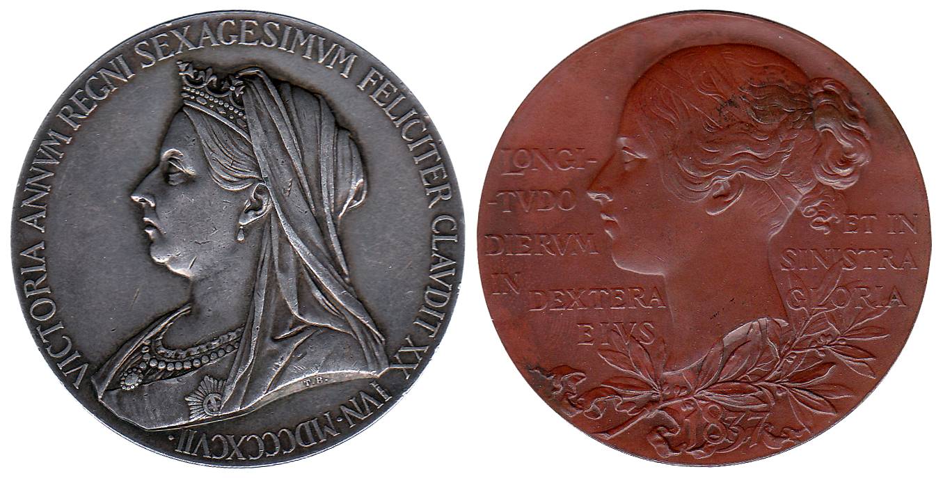 Victoria Medals, Brass and Silver, matured bust of Victoria with circular legend on obv; y