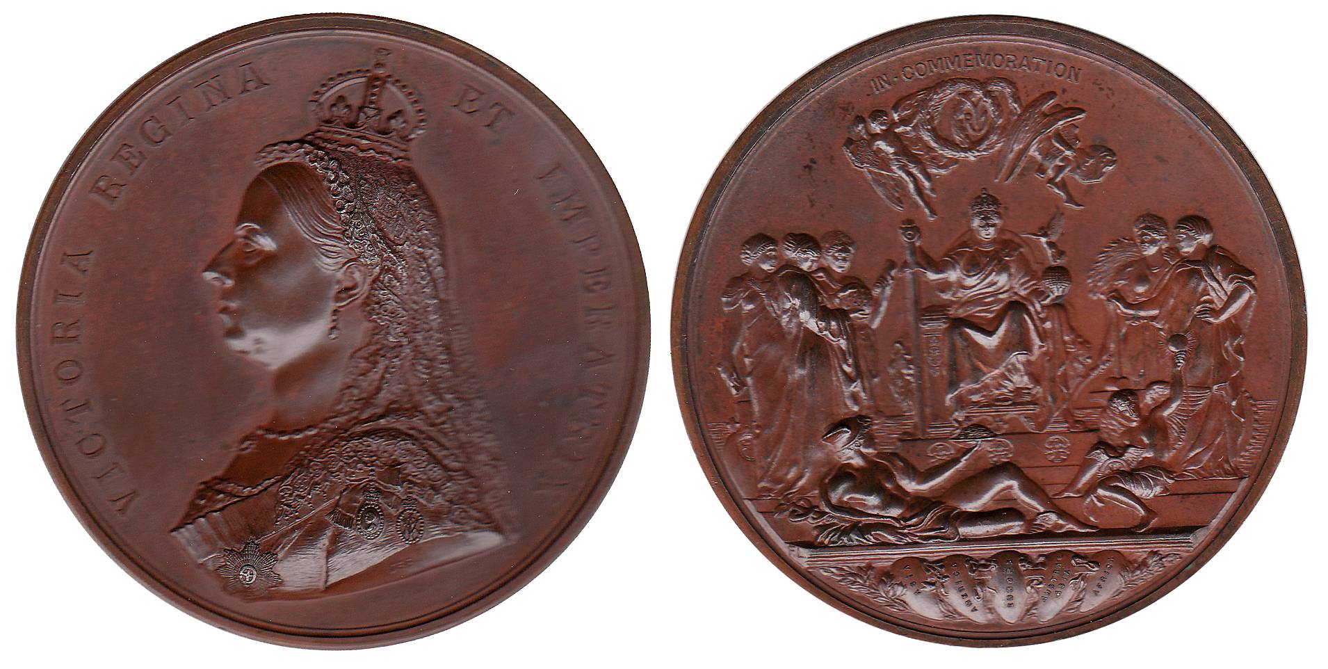 Victoria, Brass, large medal with the portrait of Queen Victoria to left on obv; enthroned