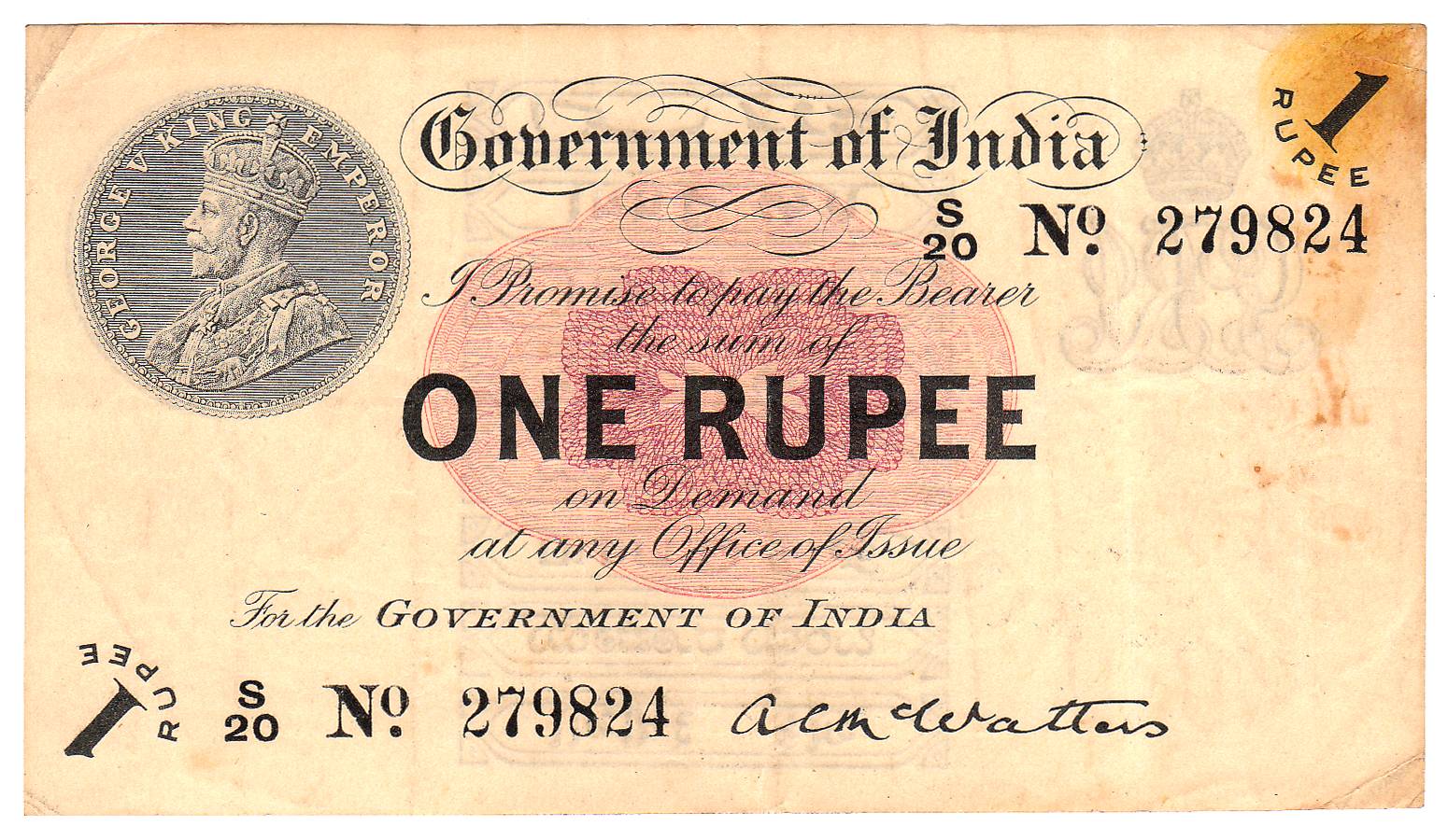 1 Rupee, sign A. C. McWatters, 1st issue in 1917, ek rupio variety in Gujarati on rev (Jhu