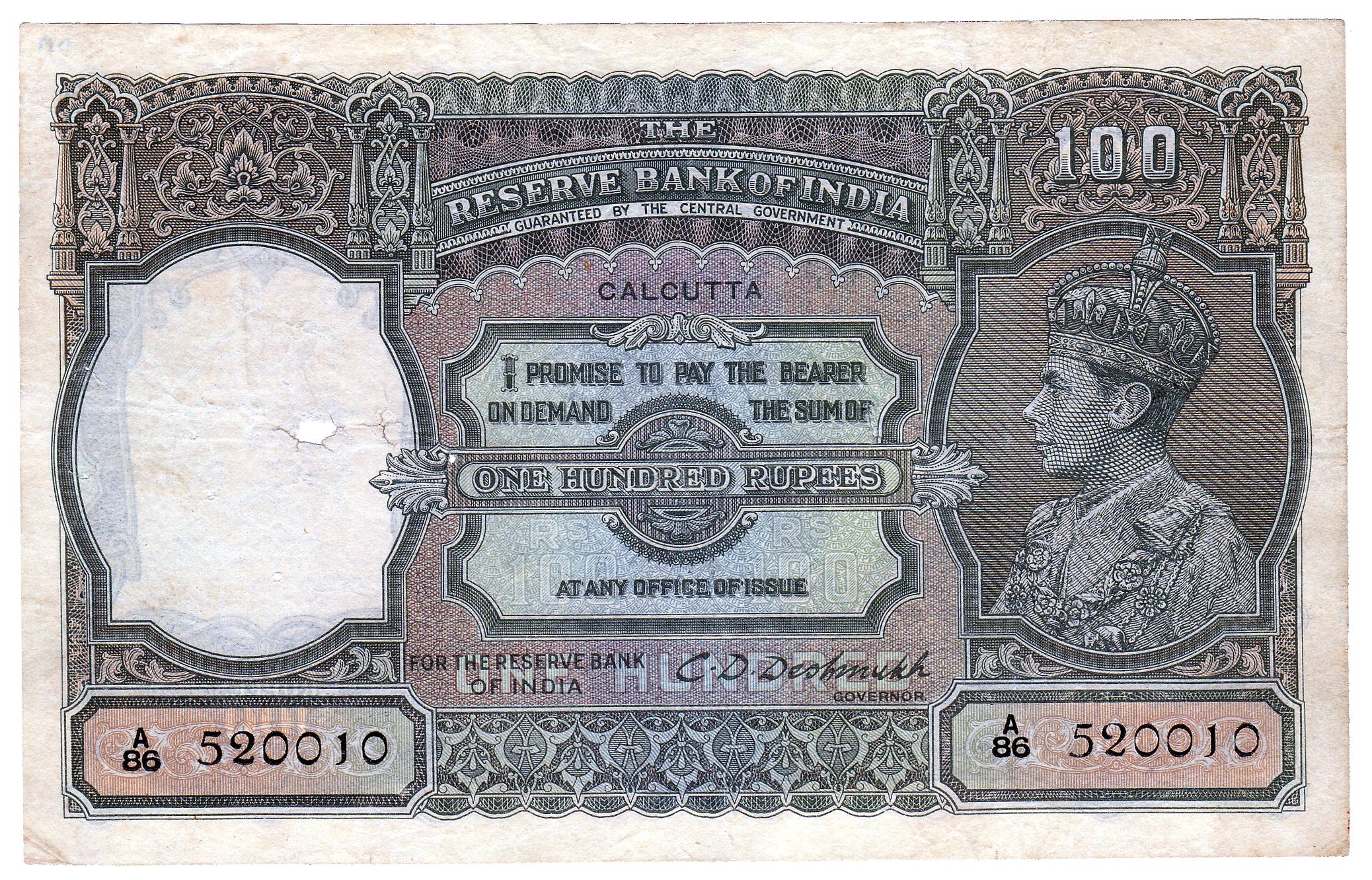 George VI, 100 Rupees, sign C. D. Deshmukh, Calcutta Circle, profile head as water-mark (J