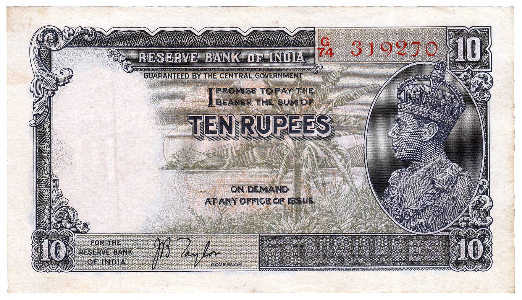 George VI, 10 Rupees, sign J.B. Taylor, 1st Issue of 1944, profile Head type (Jhun 5.2). A