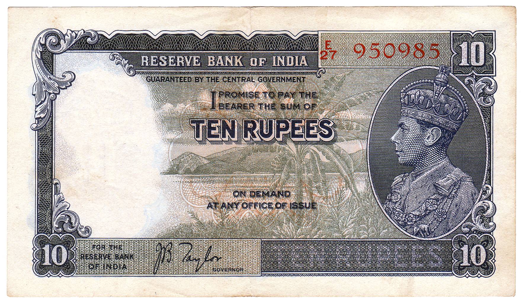 George VI, 10 Rupees, sign J.B. Taylor, 1st Issue of 1944, profile Head type (Jhun 5.2). W