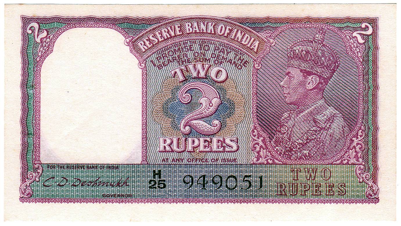 George VI, 2 Rupees, sign C. D. Deshmukh, issued to publish in March 1944, profile Head ty