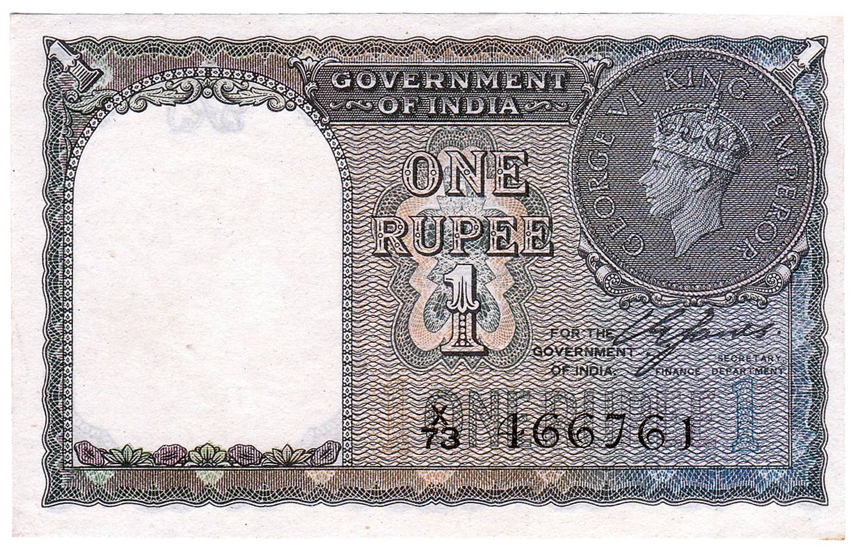 George VI, 1 Rupee, 1944 issue with 1940 date in coin on rev, sign C.E Jones, Serial numbe