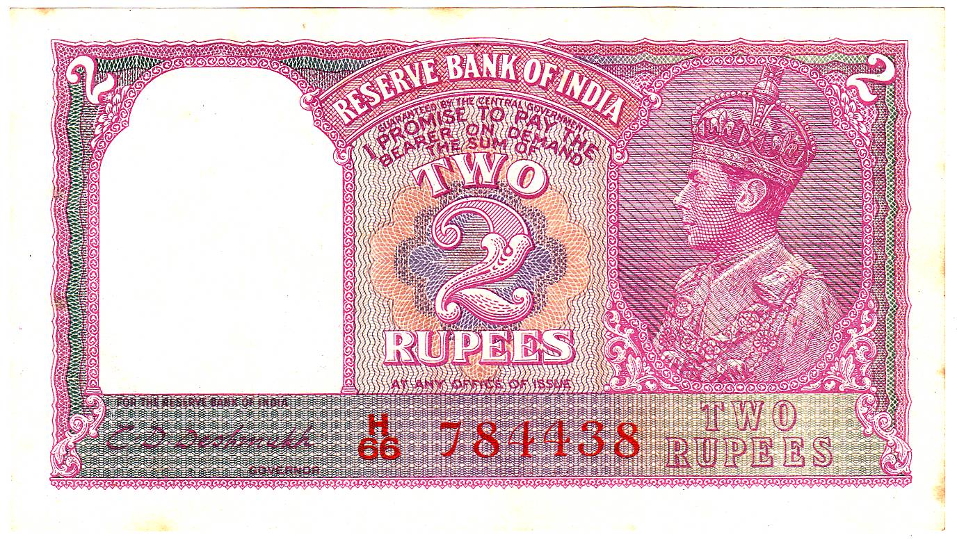 George VI, 2 Rupees, sign C. D. Deshmukh, issued to publish in May 1949, profile Head type