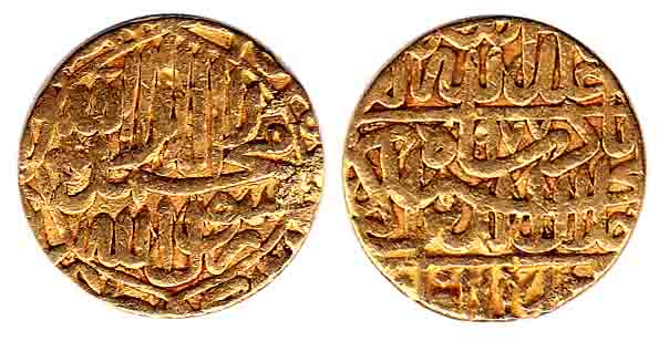 Akbar, Gold, Mohur, Agra Mint, Kalima type, AH 966. Ex-mount, Fine.