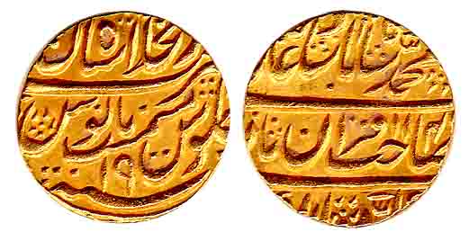 Muhammad Shah, Gold, Mohur, Shahjahanabad Mint, Sahib qiran type, AH 114x/19. Very Fine+.