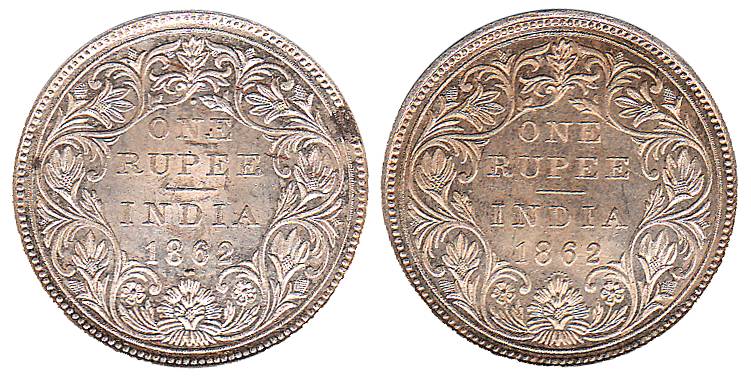 Victoria Queen, Silver (3), Dot-Rupees, 1862, 1 Dot above and 2 Dots below; 0 Dot above an