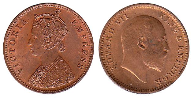 Copper (14), ¼ Anna, Victoria Empress, 1880, 1889; Edward VII, 1906 and 1910; George V, 19