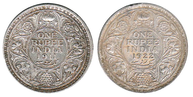 George V, Silver (8), Rupee, 1911 Pig Rupee, 1912, 1913, 1916, 1917, 1918, 1919 and 1922. 