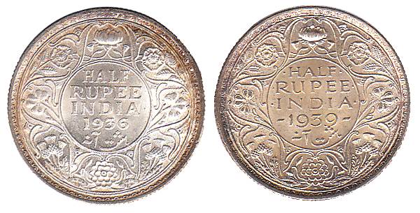 Silver (8), George V, ½ Rupee, 1925, 1927, 1936; George VI, 1938, 1939; 2 Annas, 1917, 191