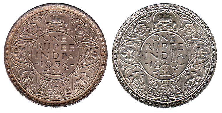 George VI, Silver and Iron, Rupee, 1938, 1940 to 1945 and 1947. About UNC, Scarce. 8 coins