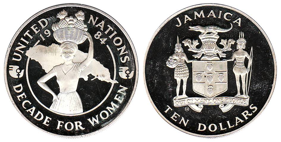 Jamaica, Silver, 10 Dollars, United Nations Decade for Women, 1984. UNC.