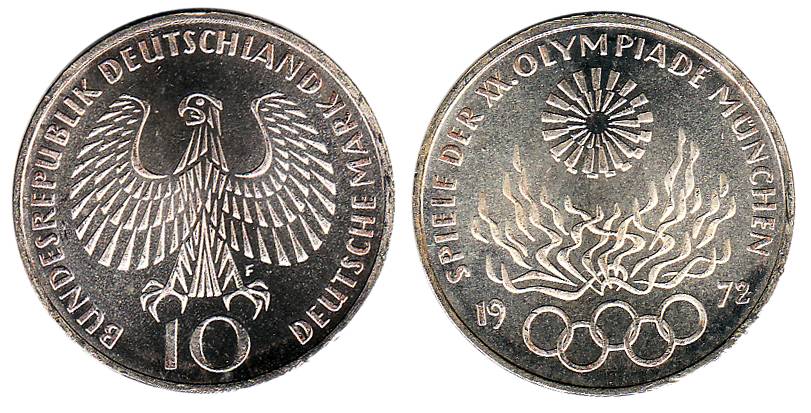 Germany, Silver, 10 Marks, XX Olympics Games, Munich, 1972. UNC.