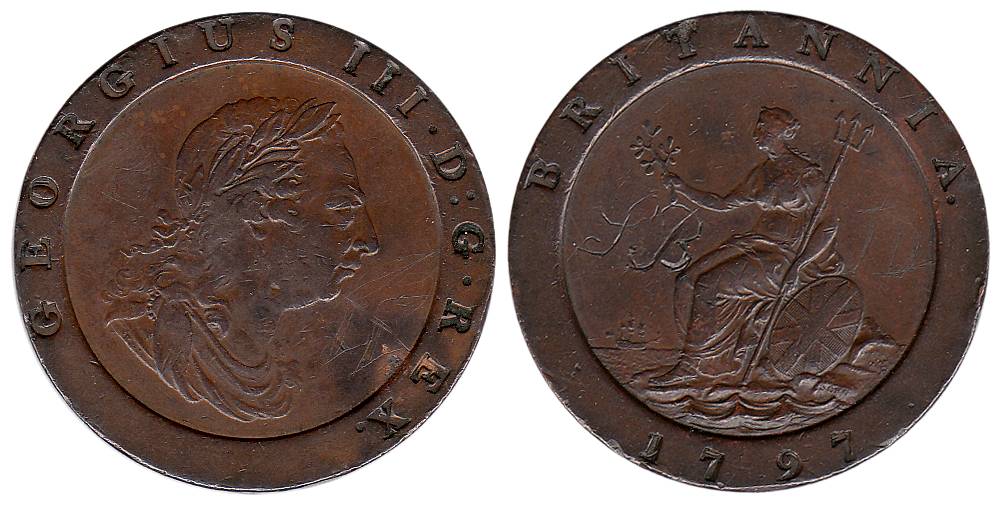 Great Britain, George III, Copper, Cart-Wheel Penny, 56.33 g, 1797. About Very Fine, Scarc