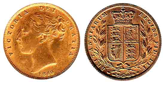 Victoria, Gold, Sovereign (Guinea), 1849, shield on rev type. Very Fine+, Scarce.