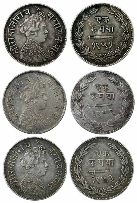 Sayaji Rao III, Silver (3), Rupee, Small Flan type, VS 1951, 1952 and 1953. Very Fine+, Sc